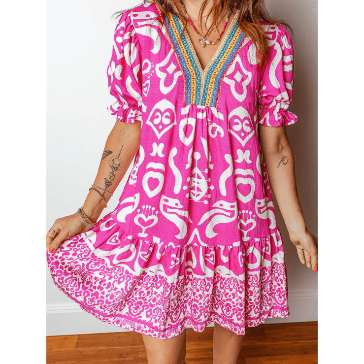 Erlinda Boho Mixed Print Contrast Trim V Neck Short Sleeve Flared Dress