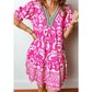 Erlinda Boho Mixed Print Contrast Trim V Neck Short Sleeve Flared Dress
