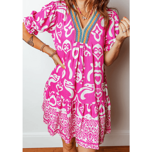 Erlinda Boho Mixed Print Contrast Trim V Neck Short Sleeve Flared Dress