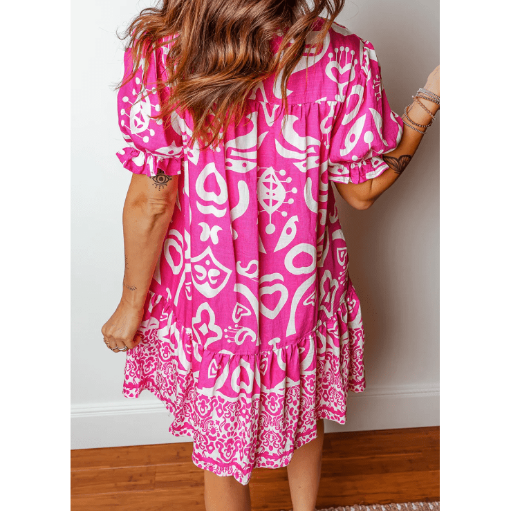 Erlinda Boho Mixed Print Contrast Trim V Neck Short Sleeve Flared Dress