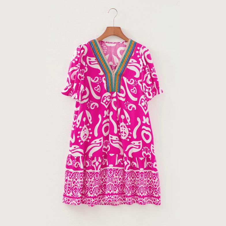 Erlinda Boho Mixed Print Contrast Trim V Neck Short Sleeve Flared Dress