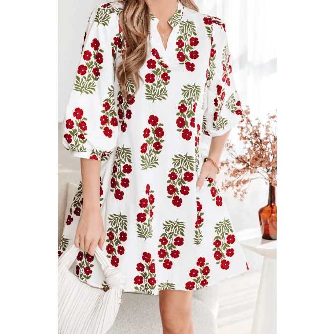 Francene White Floral Print V Neck 3/4 Sleeve Loose Mini Dress