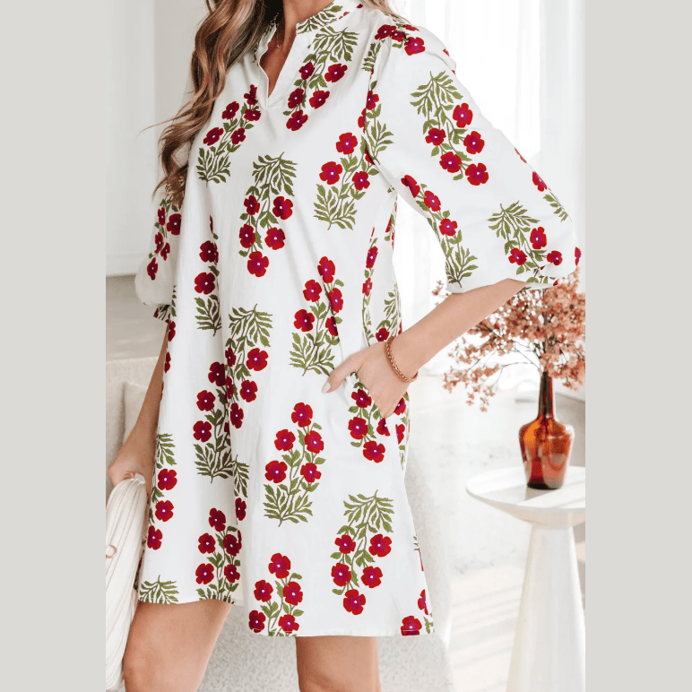 Francene White Floral Print V Neck 3/4 Sleeve Loose Mini Dress