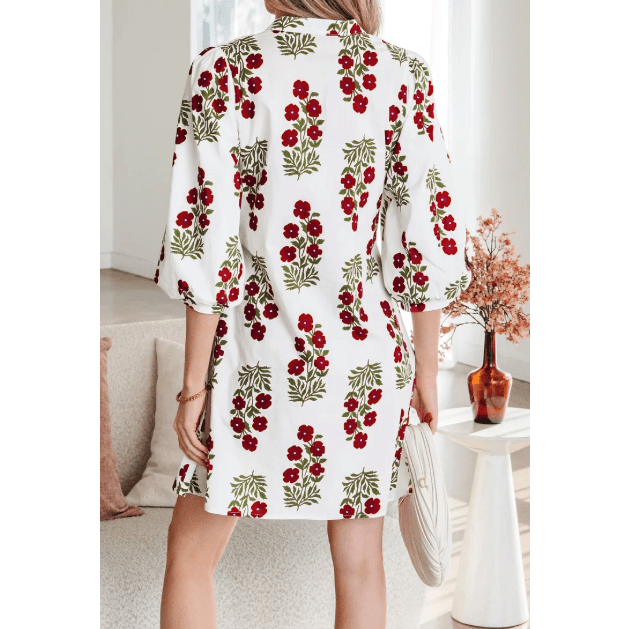 Francene White Floral Print V Neck 3/4 Sleeve Loose Mini Dress