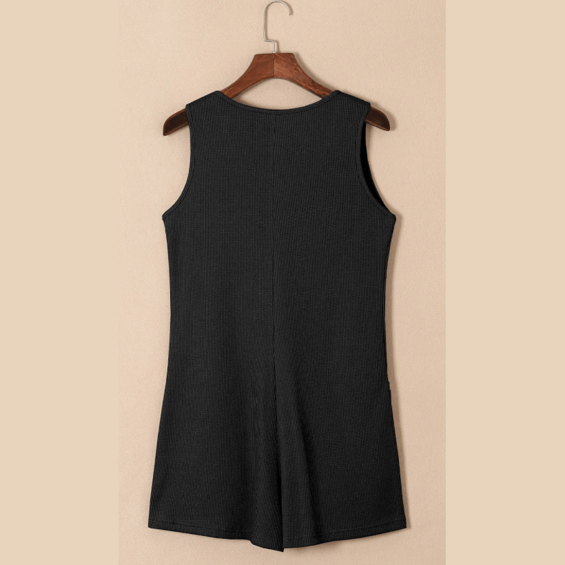 Neena Black Waffle Sleeveless U Neck Buttons Romper With Pockets