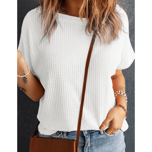 Vindy White Waffle Knit Boat Neck Short Sleeve Top