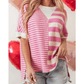 Cyrene Pink Stripe Patchwork Textured Short Sleeve High Low Loose Top