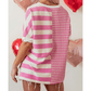 Cyrene Pink Stripe Patchwork Textured Short Sleeve High Low Loose Top
