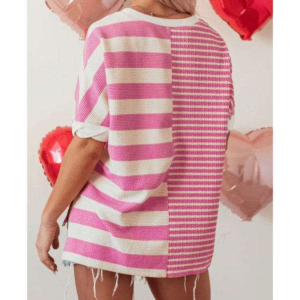 Cyrene Pink Stripe Patchwork Textured Short Sleeve High Low Loose Top