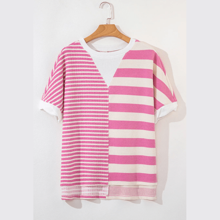 Cyrene Pink Stripe Patchwork Textured Short Sleeve High Low Loose Top