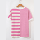 Cyrene Pink Stripe Patchwork Textured Short Sleeve High Low Loose Top
