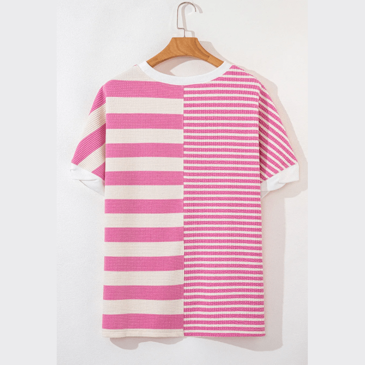 Cyrene Pink Stripe Patchwork Textured Short Sleeve High Low Loose Top