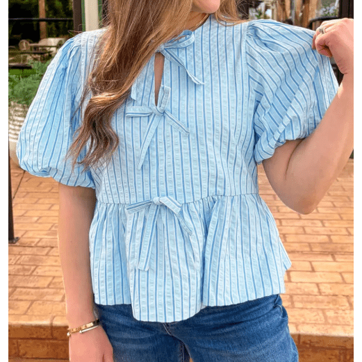 Juliet Sky Blue Stripe Bow Knot Textured Short Puff Sleeve Babydoll Blouse