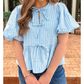 Juliet Sky Blue Stripe Bow Knot Textured Short Puff Sleeve Babydoll Blouse