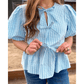 Juliet Sky Blue Stripe Bow Knot Textured Short Puff Sleeve Babydoll Blouse