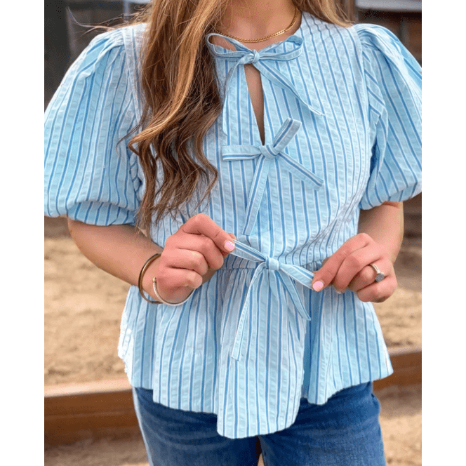 Juliet Sky Blue Stripe Bow Knot Textured Short Puff Sleeve Babydoll Blouse