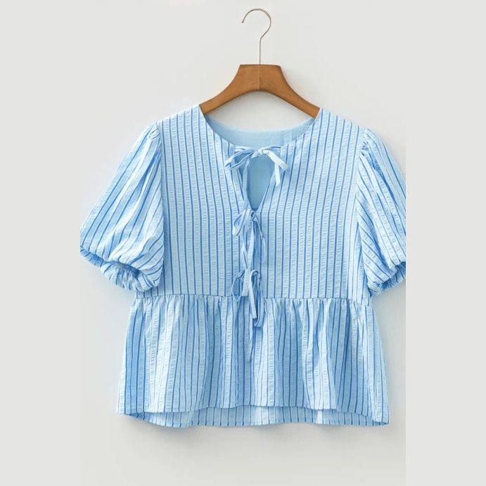 Juliet Sky Blue Stripe Bow Knot Textured Short Puff Sleeve Babydoll Blouse