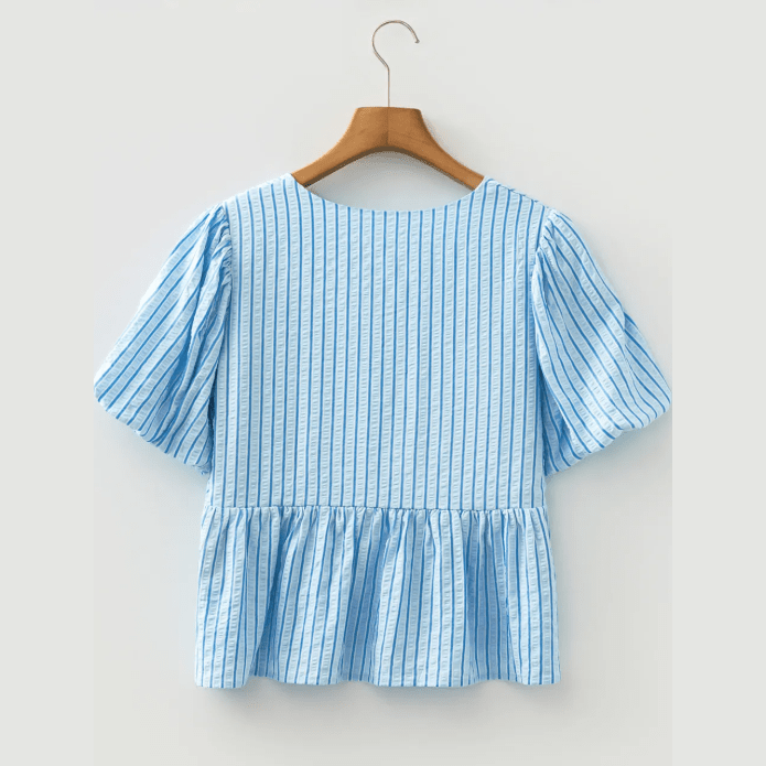 Juliet Sky Blue Stripe Bow Knot Textured Short Puff Sleeve Babydoll Blouse