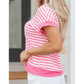 Lynneth Pink Stripe Textured Knit Contrast Trim V Neck Short Sleeve Top