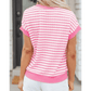 Lynneth Pink Stripe Textured Knit Contrast Trim V Neck Short Sleeve Top