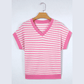 Lynneth Pink Stripe Textured Knit Contrast Trim V Neck Short Sleeve Top