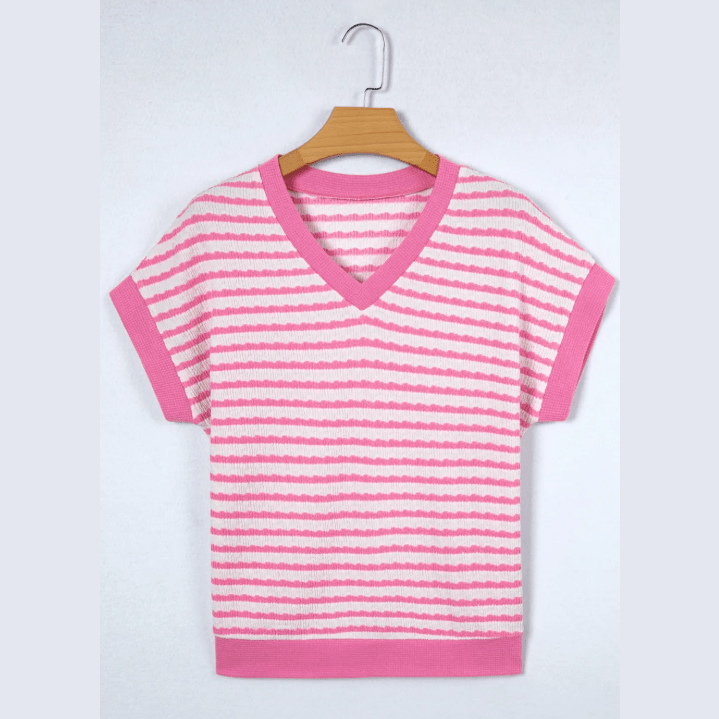 Lynneth Pink Stripe Textured Knit Contrast Trim V Neck Short Sleeve Top
