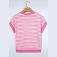 Lynneth Pink Stripe Textured Knit Contrast Trim V Neck Short Sleeve Top