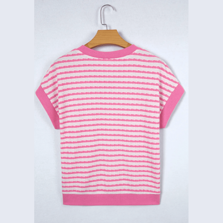 Lynneth Pink Stripe Textured Knit Contrast Trim V Neck Short Sleeve Top