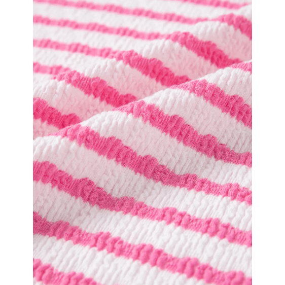 Lynneth Pink Stripe Textured Knit Contrast Trim V Neck Short Sleeve Top