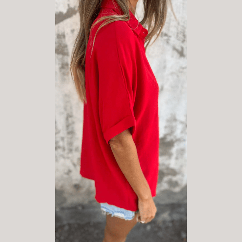 Kearstan Red Roll Sleeve Button Up Blouse
