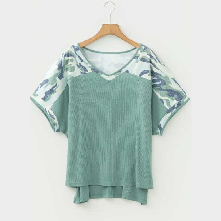 Candi Mist Green Ribbed Camouflage Patchwork Plus Size V Neck Tee