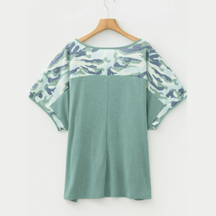 Candi Mist Green Ribbed Camouflage Patchwork Plus Size V Neck Tee