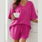 Winslet Pink Waffled V Neck Loose Tee Drawstring Shorts Set