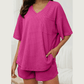 Winslet Pink Waffled V Neck Loose Tee Drawstring Shorts Set