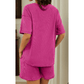 Winslet Pink Waffled V Neck Loose Tee Drawstring Shorts Set
