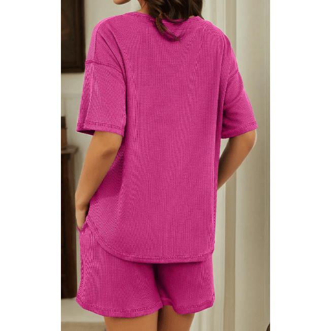 Winslet Pink Waffled V Neck Loose Tee Drawstring Shorts Set