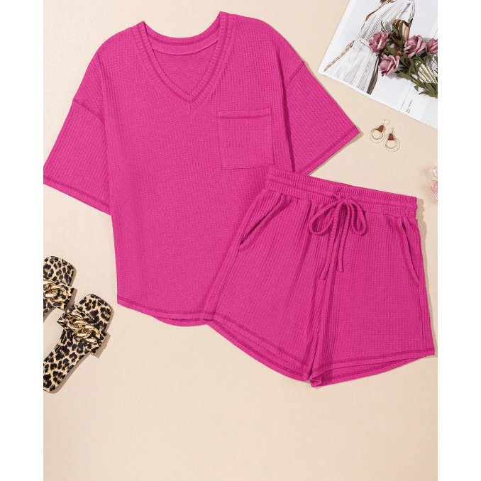 Winslet Pink Waffled V Neck Loose Tee Drawstring Shorts Set