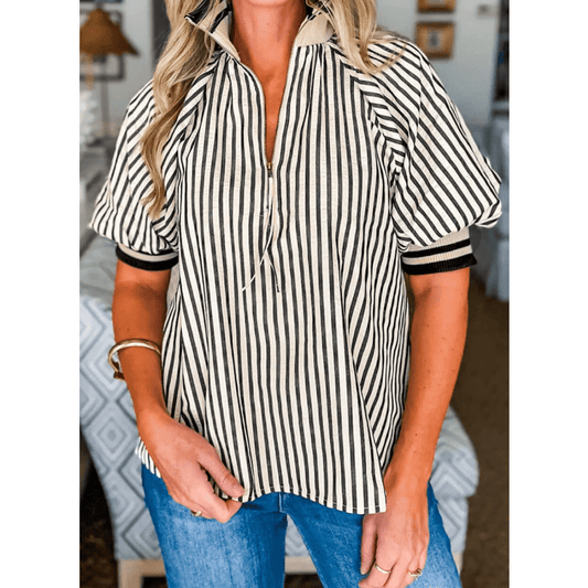 Marloe Black Stripe Polo Collar Half Zip Short Puff Sleeve Blouse