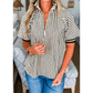 Marloe Black Stripe Polo Collar Half Zip Short Puff Sleeve Blouse