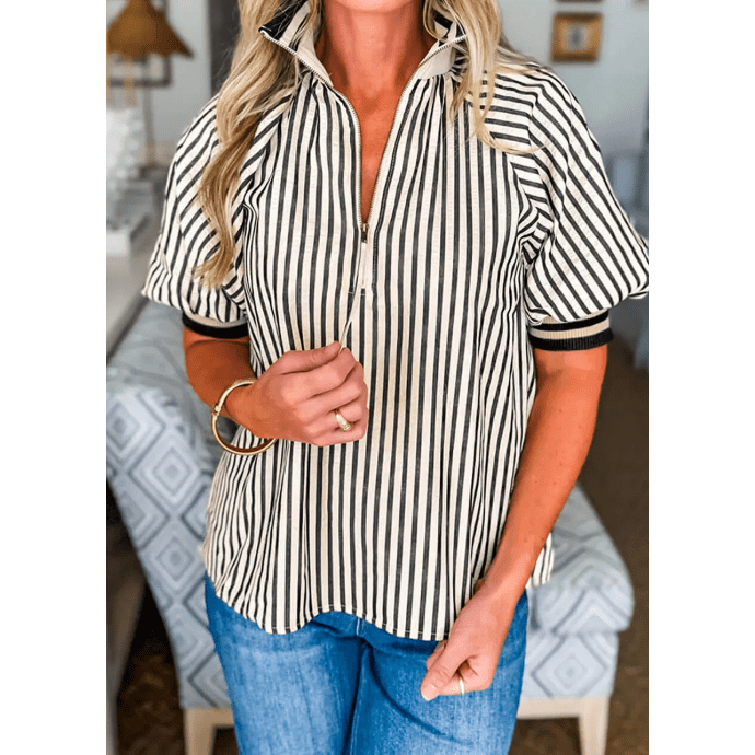 Marloe Black Stripe Polo Collar Half Zip Short Puff Sleeve Blouse