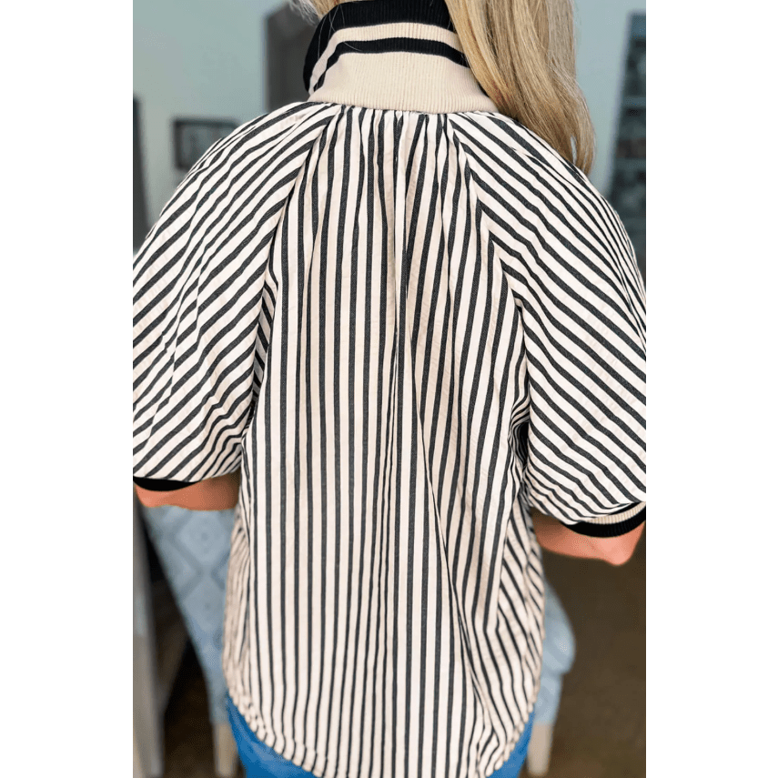 Marloe Black Stripe Polo Collar Half Zip Short Puff Sleeve Blouse