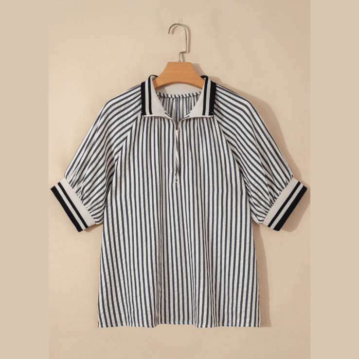 Marloe Black Stripe Polo Collar Half Zip Short Puff Sleeve Blouse