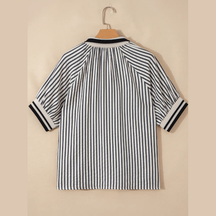 Marloe Black Stripe Polo Collar Half Zip Short Puff Sleeve Blouse