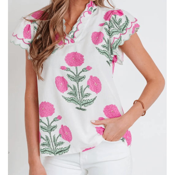 Colley Pink Wild Flower Print Contrast Trim Scallop Detail Short Sleeve Blouse