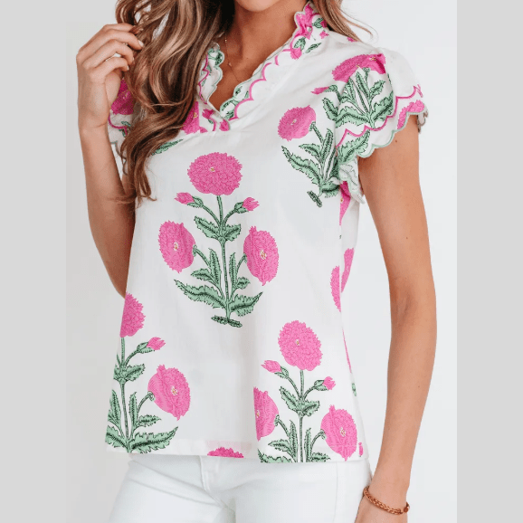Colley Pink Wild Flower Print Contrast Trim Scallop Detail Short Sleeve Blouse