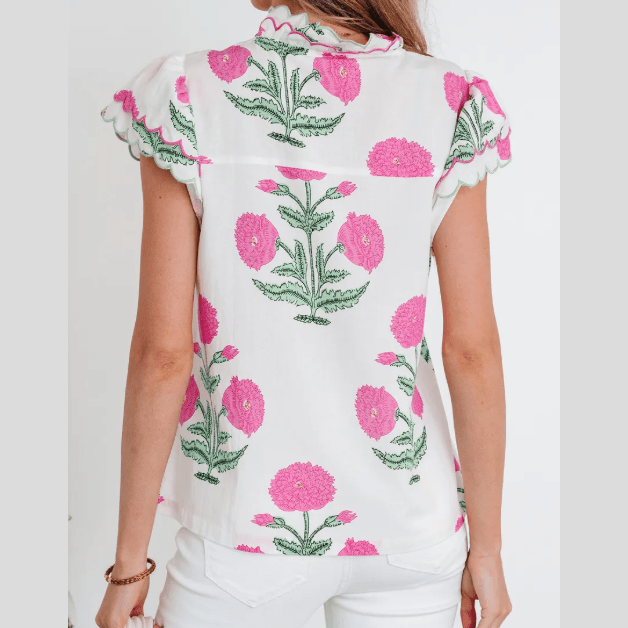 Colley Pink Wild Flower Print Contrast Trim Scallop Detail Short Sleeve Blouse