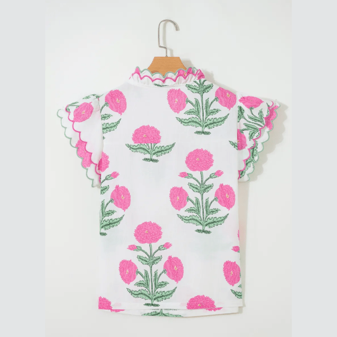 Colley Pink Wild Flower Print Contrast Trim Scallop Detail Short Sleeve Blouse