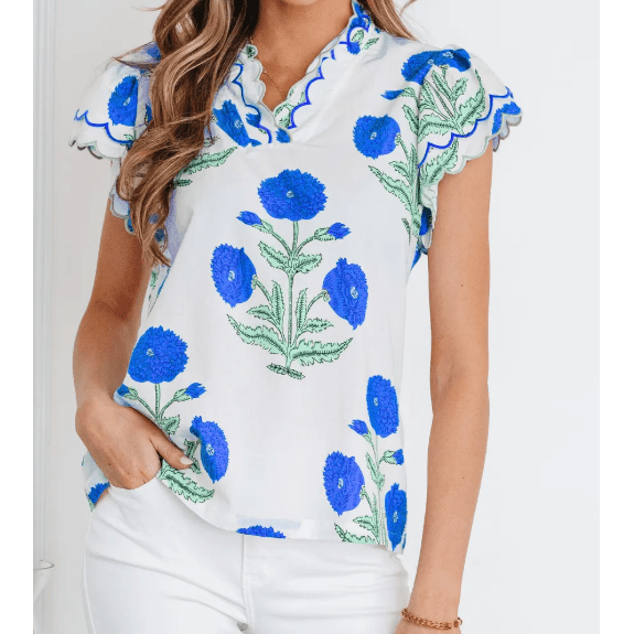 Colley Blue Wild Flower Print Contrast Trim Scallop Detail Short Sleeve Blouse