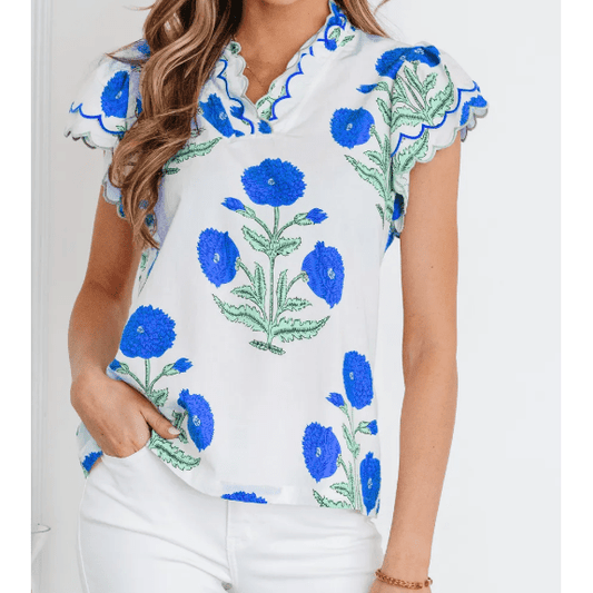 Colley Blue Wild Flower Print Contrast Trim Scallop Detail Short Sleeve Blouse