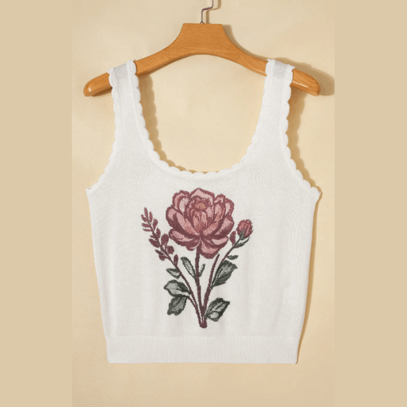 Klaudia White Retro Floral Print Scalloped Square Neck Knit Tank
